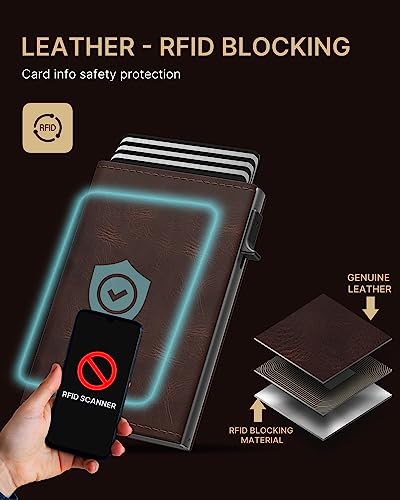 Image of typecase Mens Wallet Card Holder: Pop Up Aluminum Case, Genuine Leather, Smart, RFID Blocking, Slim, Minimalist, Front Pocket - 9-14 Card Capacity | ID Window | Cash Slot - Oil Wax Brown