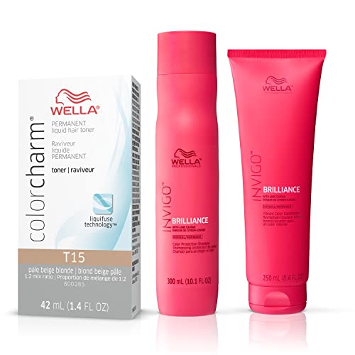 WELLA Color Charm Invigo Brilliance Color Protection Shampoo & Conditioner, For Fine Hair + Hair Toner, Neutralize Brass, T15 Pale Beige Blonde