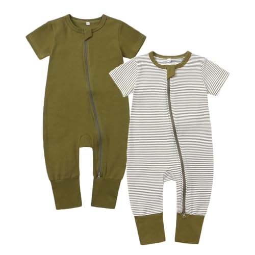 Image of Feidoog Toddler 2 Pack Baby Zipper Rompers Cotton Short Sleeve One Piece Jumpsuit Outfits