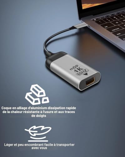 Adaptateur USB C Vers Mini DP Displayport 4k@60hz Mini Displayport Femelle Vers Type-C Mâle Câble Adaptateur Convertisseur Audio Vidéo Court Pour iPhone Macbook Tablette Téléphone écran Projecteur – vue 4
