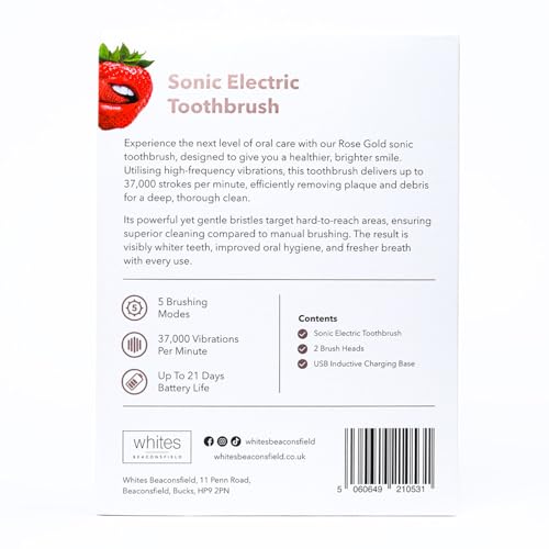 Whites Beaconsfield Sonic Elektrische Zahnbürste Rose Gold Limited Edition: fortschrittliche Zahnaufhellung mit 5 Putzmodi, 37.000 Vibrationen, lange Akkulaufzeit, Premium-Borsten, USB-Aufladung – Bild 3