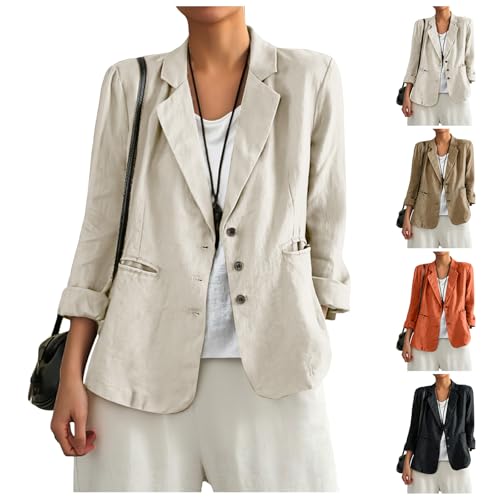 Linen Blazer Women Oversized Lapel Single Breasted Suit Jacket Casual Work Office Blazers Loose Long Sleeve Jackets Beige