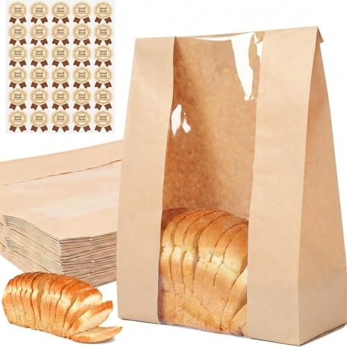 30 pack bread paper bags with window, including 30 homemade bread storage label seal stickers...