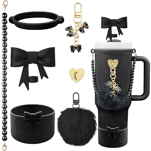 Hpebl 7PCS Black of Stanley Cup Accessories Set 30/40 Oz Pearl Bow Charms for Stanley Decorations Water Bottle Tumbler Accessories Including Bow Straw Topper Pom Pom Keychain Silicone Tumbler Boot
