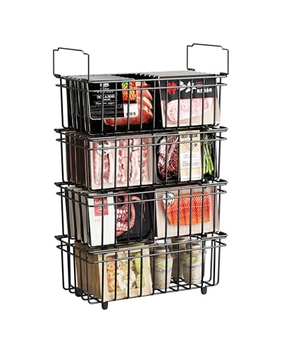 UMDONX 4 Pièces Paniers de CongéLateur Coffre - Poignée Empilable Paniers de congélation,accès facile, pour 198L congélateur,Organiser les ingrédients...