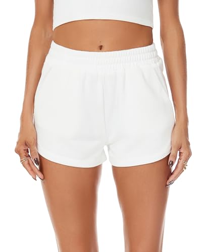 jonivey Short de survêtement taille élastique en tissu éponge doux pour femme - Short d'été décontracté avec poches, blanc, Taille S