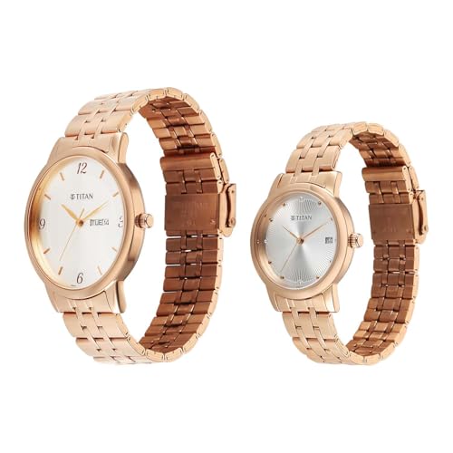 Image of Titan Bandhan Eternal Pair Analog with Date and Silver Dial Rose Gold Stainless Steel Strap Watch for Couples - 19672967WM01