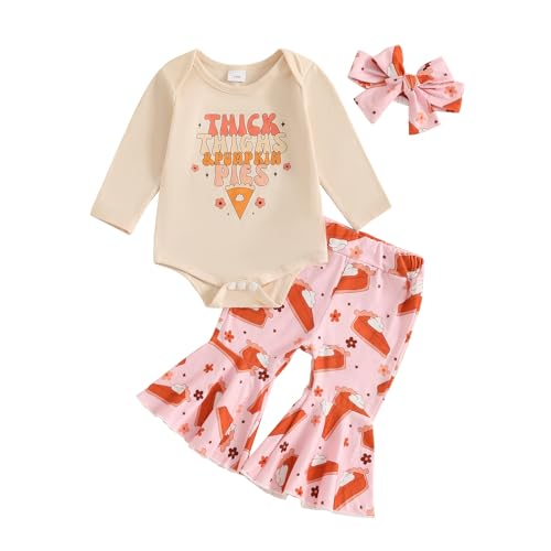 My First Thanksgiving Newborn Baby Girl Outfit Long Sleeve Romper Onesie Flare Pants Headband Infant Clothes