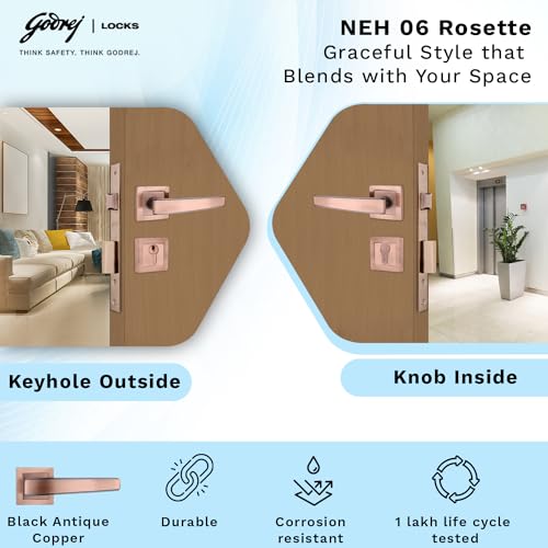 Image of Godrej Mortise Lock | Handle Lock Set for Main & Internal Doors | NEH 06 Home Decor Handle | Black Antique Copper Finish | 9 Inch Lockbody | 60mm 1CK Cylinder Knob from Inside Key Outside | 3 Keys