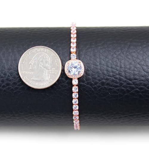 Image of Rose Plated Gold Brass Box Chain Cubic Zirconia Classic Tennis Slider Adjustable Bracelet, Round Big Zircon Charm Give Woman Mom Mother's Day Fashion Crystal Gift