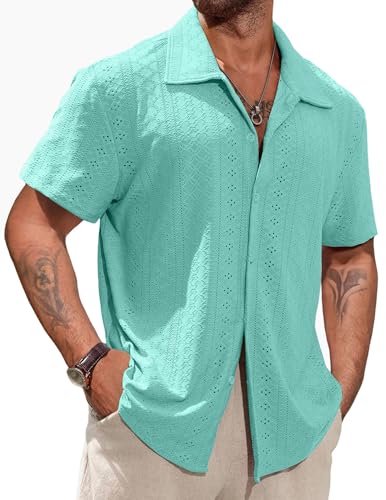 Vssjavun Mens Short Sleeve Button Down Shirts Casual Hollow Out Summer Beach Shirt