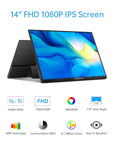 Image of CAPERAVE Portable Monitor - 14.0 inch USB C HDMI Travel Monitor for Laptop, FHD 100% sRGB, Built-in Kickstand & Speakers, Second Screen and External Monitor for MacBook Xbox PS4 /5 Switch
