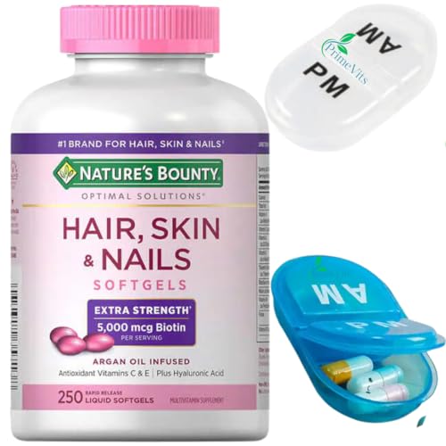 PrimeVits Mini Travel Pill Case Bundle with, Natures Bounty Hair Skin and Nails 5000 mcg of Biotin - 250 Softgels