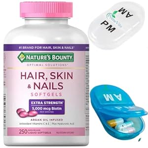 PrimeVits Mini Travel Pill Case Bundle with, Natures Bounty Hair Skin and Nails 5000 mcg of Biotin – 250 Softgels
