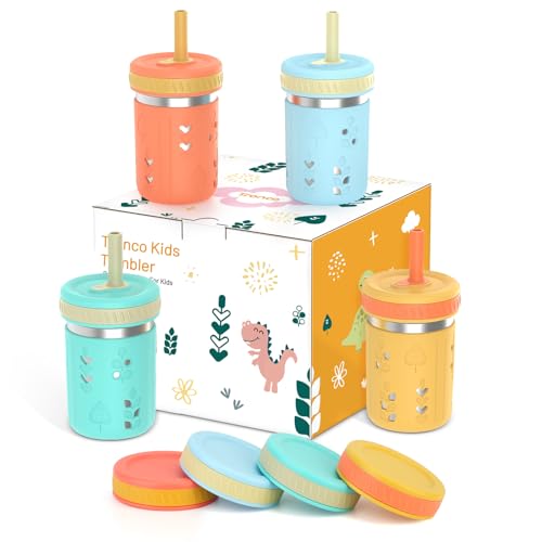 Image of Tronco [4 Pack] 10 oz 2-in-1 Stainless Steel Kids Tumbler Cups with Silicone Sleeves, Spill-Resistant Flexible Straws & Storage Lids, BPA-Free Smoothie and Snack Cups, Dishwasher Safe