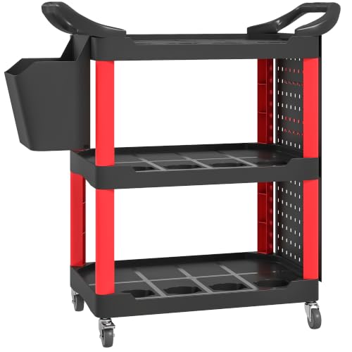HOMCOM 3 Tier Utility Cart on Wheels with Pegboards, Black and Red