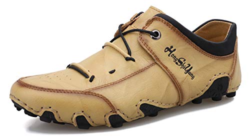 Honeystore Men's Loafers Leather Driving Moccasins Lace-up Shoes Plus Size Khaki 10 D(M) US Men
