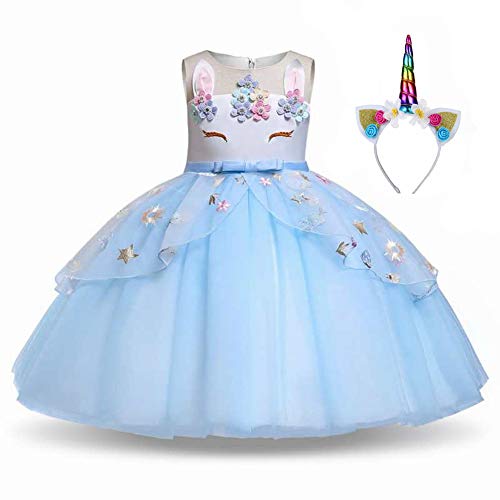 Pretty Princess Niña Disfraz de Unicornio, Vestido de Fiesta Princesa Tutú, Fiesta de Cosplay, Boda, Partido, Blau, 3-10 Años (7-8 Años, 128 cm)