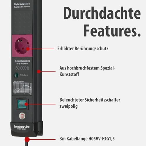 Brennenstuhl Premium-Line Steckdosenleiste 5-Fach mit Überspannungsschutz und Main-Follow Funktion (Mehrfachsteckdose mit Schalter und 3m Kabel, Steckdosenleiste Wandmontage, Made in Germany) schwarz