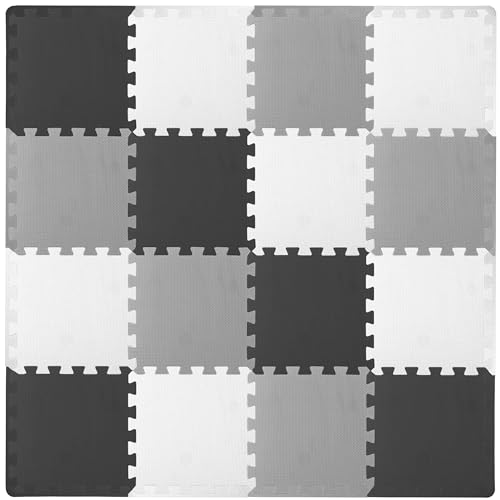 Image of ProSource Baby Play Mat, Soft Foam Floor Tiles for Kids, Interlocking EVA Panels for Playpen Use, Crawling Development Surface, Safe Non-Toxic Toddler Flooring, 16 Tiles, Black /Gray /White
