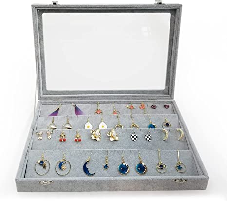 Image of Velvet Jewelry Drawer Organizer Tray Stackable Jewelry Tray for Drawer and Storage Display Rings and All Other Jewellery Needs (Earring Box Grey, Grey)