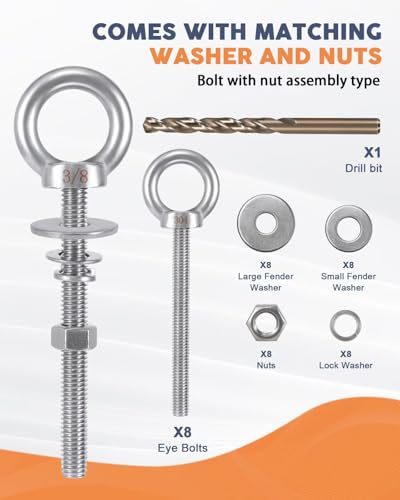 Pernos de ojo de acero inoxidable 3/8 x 4 alta resistencia con tuercas pack de 8 2