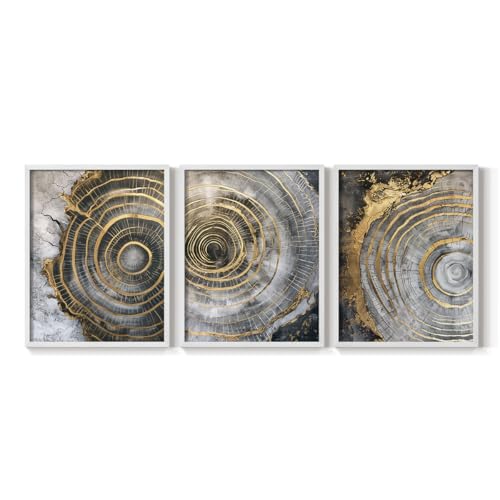 Renditions Gallery Set of 3 Peel & Stick Framed Prints, Wood Abstract Wall Art, White Gold Spirals Textured Design Wall Decor, Re-Stickable - Ready to Hang - 11"x14" - White Frame LT597