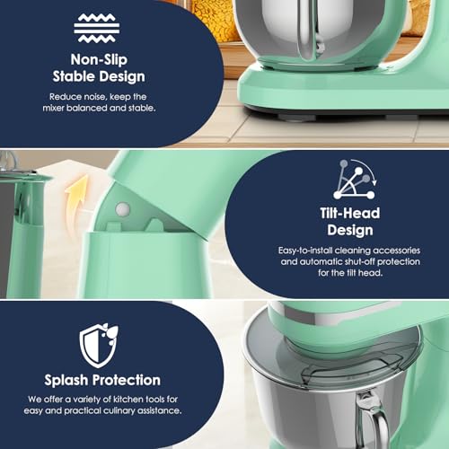 Image of 5.5 QT Electric Stand Mixer, baking mixer, 12-Speed Kitchen Mixer with Tilt-Head, Stainless Steel Bowl Dough Mixer, Egg Whisk, Dough Hook & Beater Included, Idea for 3-5 Family,Green