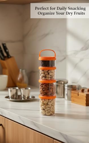 Image of MG Trader's 4 Layer Twist Lock Storage Jar | Stackable BPA-Free & Snack Container | Non-Spill Portable Travel Food Storage for Protein Powder, Dry Fruits & Nuts | 1 PCS | Orange | (OSJ04)