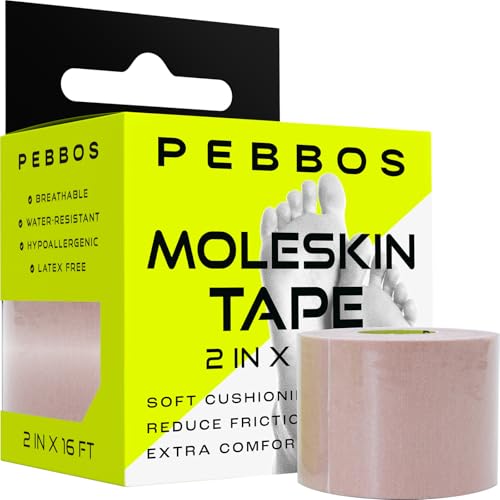 Pebbos Moleskin Tape – 2in x 16ft – Anti-Friction Cushioning and Protective Padding | Water-Resistant & Hypoallergenic | Thin Mole Skin Athletic Tape for Running, Hiking, Walking – 1 Roll
