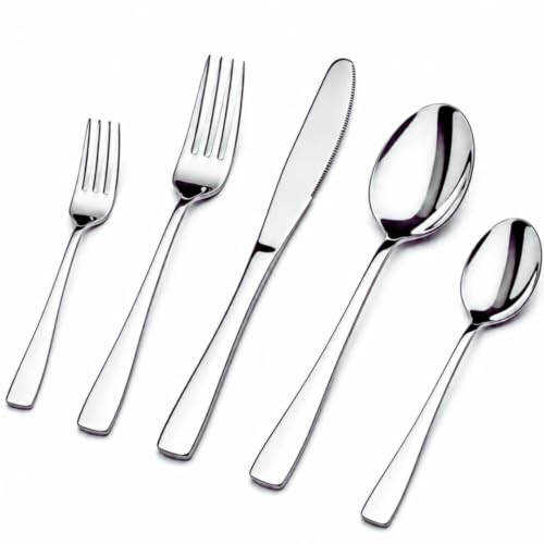 Image of 5 Pcs Silver Cutlery Set for Dining Table the Perfect Mirror Polish Hevy Duty Tableware Including Dinner Spoon, Dinner Fork, Dinner Knife, Dessert Spoon & Dessert Fork