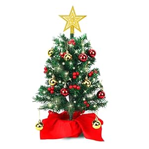 24 Inch Tabletop Christmas Tree with 2 Set LED Lights Holiday Decoration and Hanging Ornaments for DIY Christmas…