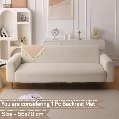 Image of HOKIPO 'Serenity Tassel' Chenille Sofa Back Cover with Tassels - 1 Pc Ivory Fringe (IN-894-BGE)