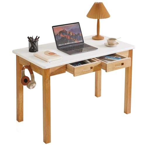 Aibiju Small Computer Desk Table, Wood Writing Desk with Drawers and Hooks, 39x22x30inch Work Study Table, Wooden Dining Table White + Natural Wood Legs YD-WD02WN