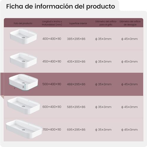 EMKE Rechteckiges Waschbecken für Bad und Gästetoilette, 40 x 40 x 11 cm, Waschbecken aus Keramik, Weiß