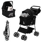 Hundewagen, 3 in1 Hunde Buggy Bis 15kg,Tragbarer Faltbar Hund Kinderwagen mit 360° Verschleißfeste Gummiräder und Ablagekorb,Netzfenstern,Getränkehalter,für Kleine Hunde & Katz
