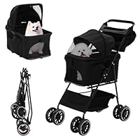 Hundewagen, 3 in1 Hunde Buggy Bis 15kg,Tragbarer Faltbar Hund Kinderwagen mit 360° Verschleißfeste Gummiräder und Ablagekorb,Netzfenstern,Getränkehalter,für Kleine Hunde & Katz
