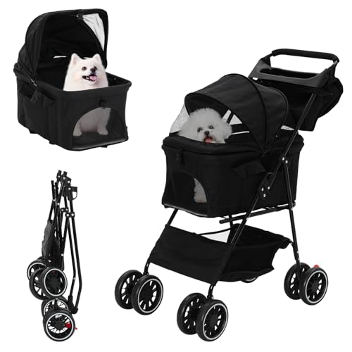 Hundewagen, 3 in1 Hunde Buggy Bis 15kg,Tragbarer Faltbar Hund Kinderwagen mit 360° Verschleißfeste Gummiräder und Ablagekorb,Netzfenstern,Getränkehalter,für Kleine Hunde & Katz