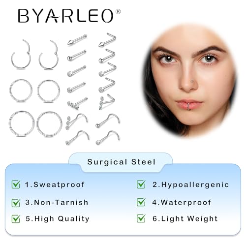 20pcs Surgical Steel Nose Ring,16G/18G Hypoallergenic Nose Rings Studs Set L Shape Nose Studs Body Piercing Nose Hoop Lip Ear Nose Rings for Women Men2