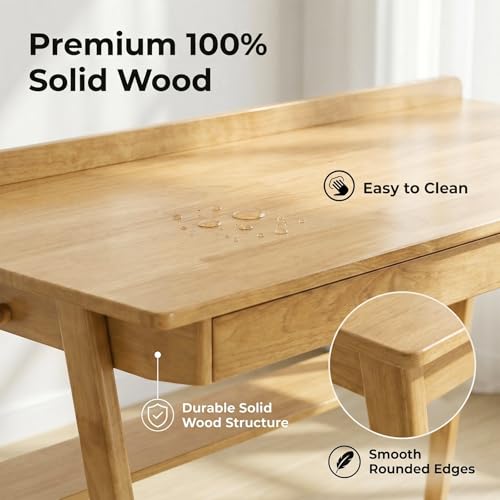 KEIKI Solid Wood Writing Desk with Drawers, 47" Computer Desk with Shelf for Home Office Work, Study, Natural by KEIKI - Used condition - Image 4