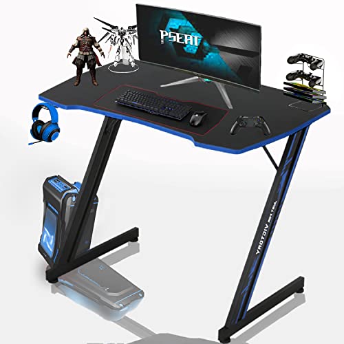 Image of 35 in Gaming Desk Z-Shaped Game Computer Desk with Hook Cheap PC Game Table Home Office Desks for Bed Sofa, Gaming Workstation for Kid, Easy to Install, Lightweight to Move, Blue