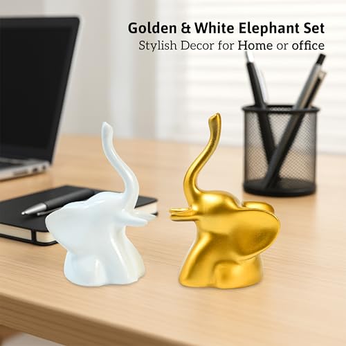 Image of ZAICUS Home Decor Elephant Showpiece Set of 2 | Golden & White Modern Minimalist Elephant Figurines | Tabletop Decor for Living Room, Office Desk & Gifting
