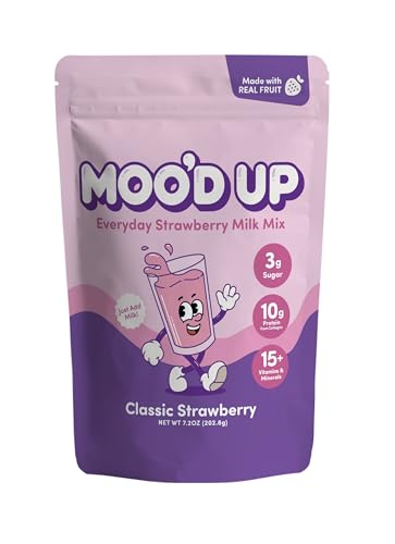 Image of Moo'd Up Strawberry Milk Mix - Low Sugar, High Protein (10g) - Made with Real Strawberries, Dairy-Free, No Artificial Colors or Sweeteners - Healthy Strawberry Drink Powder, 15 Servings