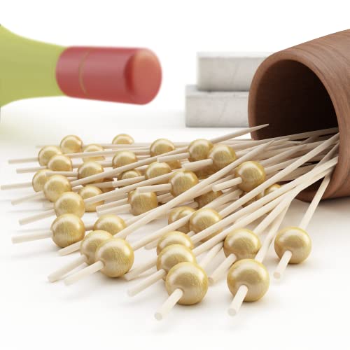 Ihomex 100 Pcs Cocktail Picks, 4.72" Fancy Cocktail Toothpicks For Appetizers, Bamboo Cocktail Skewers, Disposible Gold Pearl Food Picks For Wedding, Birthday And Parties (Gold, 4.72 Inch) #TOP7
