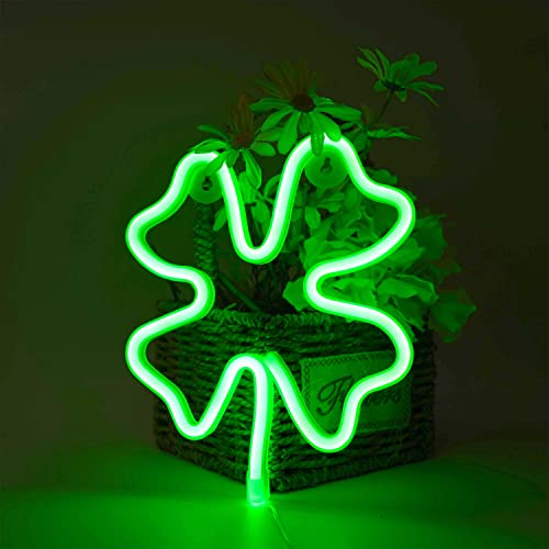 Image of Neon Sign Shamrock Shaped St. Patrick's Day Night Light, USB & Battery Operated Green Clover Glowing Decorative Irish Shamrock Light for Room Party Decorations