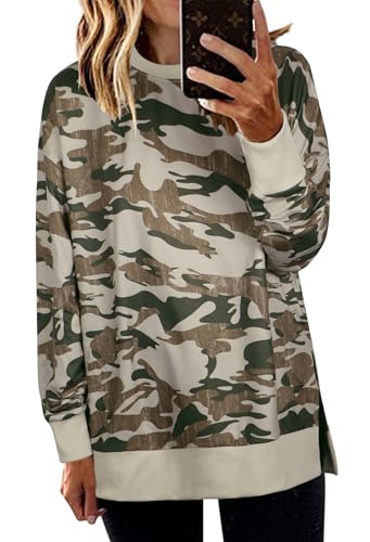 ECOWISH Women Side Split Sweatshirt: Fall Crewneck Long Sleeve Oversized Camo Shirts Casual Camouflage Print Pullover Tops 017 Army Green L
