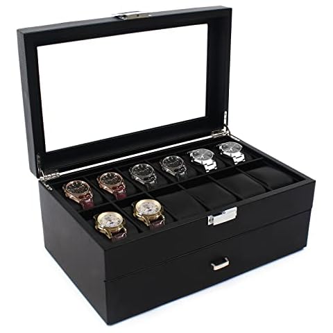 QUNNYINE 24 slot Watch Box,Lockable Watch Case with Glass Top Lid 2 Layer Watch Holder for Rings, Bracelets,Wood Watch Display Case with Drawer Watch Box Organizer Gift for Men Women Cover