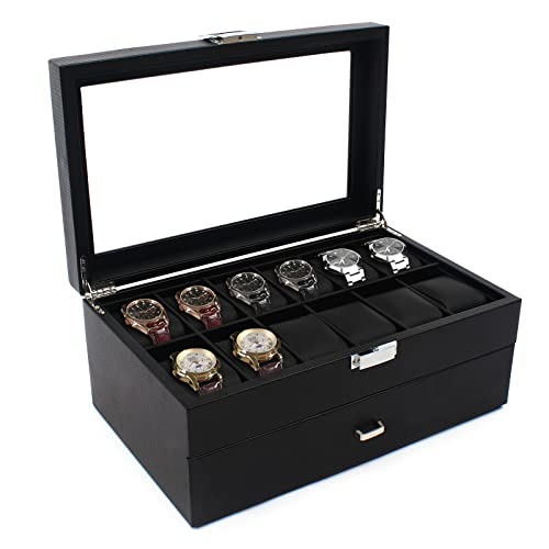 Watch Box Organizer For Men, 24 Slot Luxurious & Masculine Carbon Fiber Textured Display Case - Real Glass Top, Metal Hinge, Large Watch Holder With Drawer, Black Carbon Fiber Watch Collection Case #TOP1