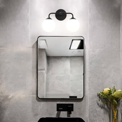 Image of Industrial Matte Black 2-Lights Bathroom Light Fixtures, Vanity Wall Sconce Lighting with Milky White Glass Shade, Modern Bathroom Vanity Lighting, Wall Sconces over Mirror Dressing Table Bedroom