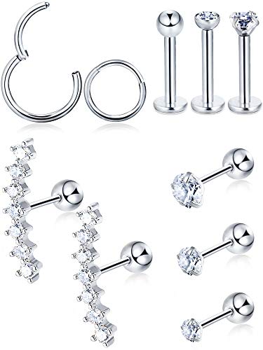 10 Stück Knorpel Tragus Ohrringe Set Labret Ohrstecker Barbell Ohrring CZ Intarsien Stahl Ohr Ring für Tragus Lip Nase Ohren Körperschmuck, 10 Arten (Stahl Farbe)